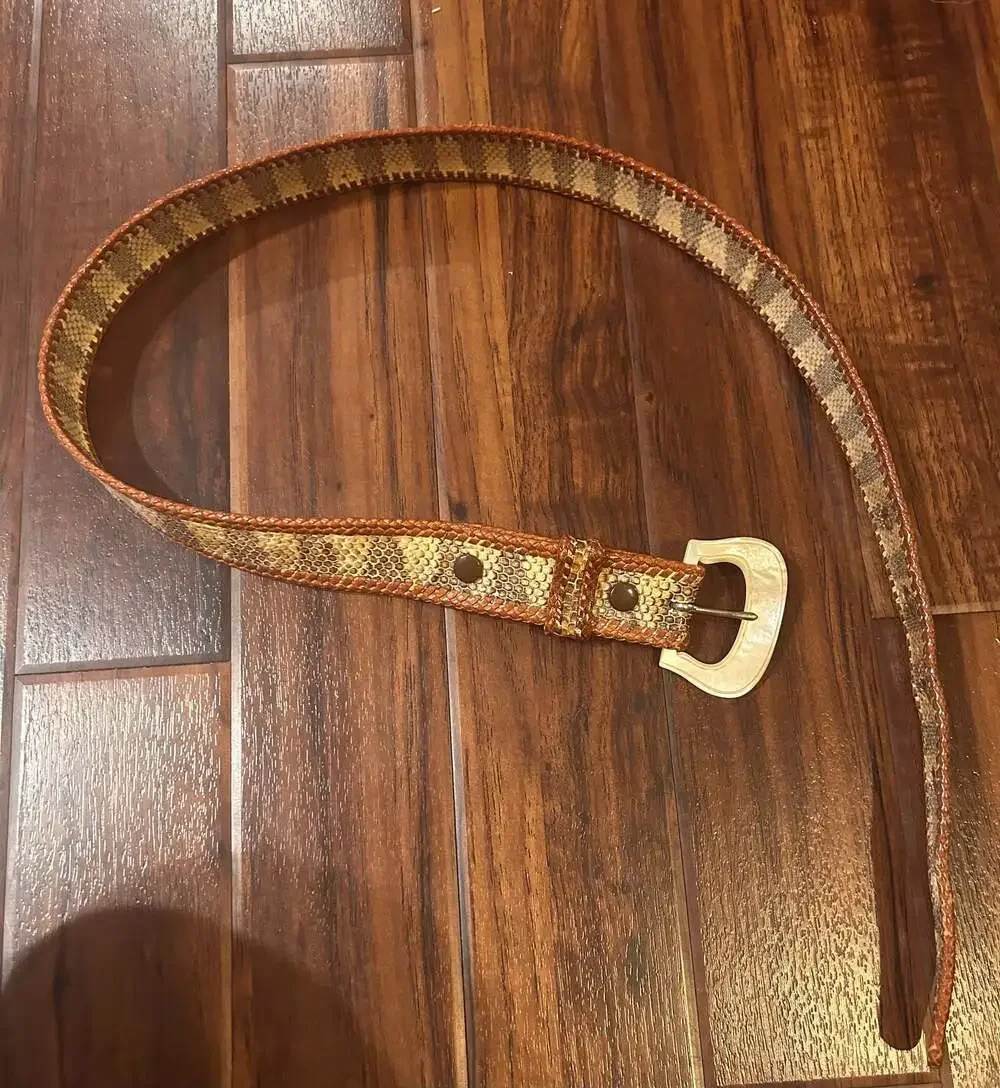 Vintage Snakeskin Pattern Woven Leather Belt with Mother of Pearl Style Buckle